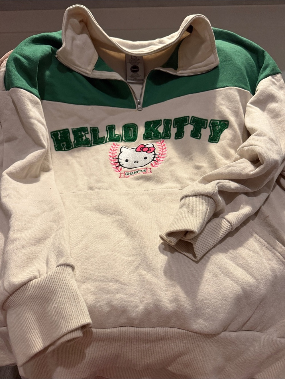 Hello Kitty Cream & Green Half-Zip Pullover Sweatshirt